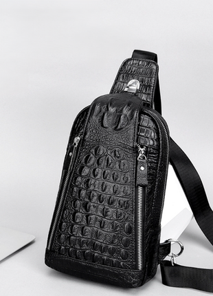 Кожаная мужская сумка рептилия бананка, кроссбоди слинг на грудь из натуральной кожи