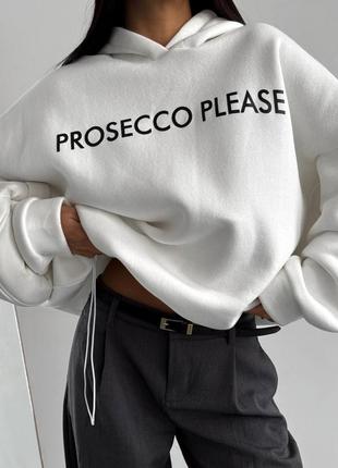 Качественный худи с принтом prosecco please унисекс теплое зимнее на флисе оверсайз толстовка