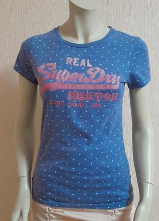 Яркая голубая футболка в горошек с качественным принтом superdry made in turkey, 💯 оригинал