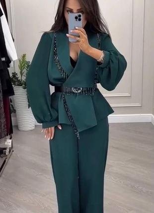Костюм брючний блуза штани широкі хакі ізумруд чорний