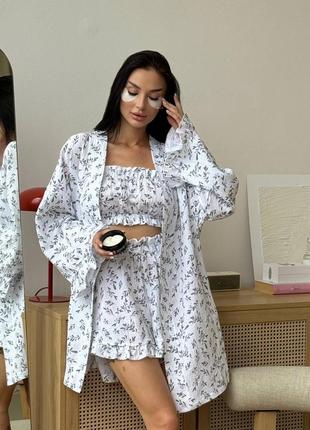 Женская муслиновая пижама тройка топ, шорты и халат с поясом с цветочным принтом