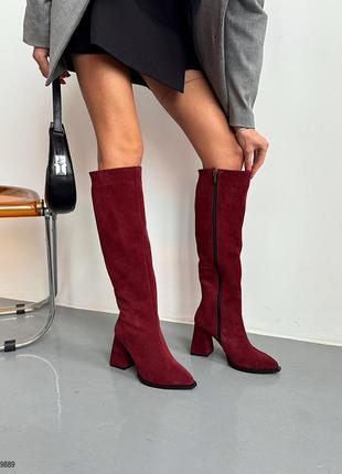 Чоботи  на обтяжному підборі, бургунді, натуральна замша