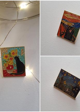 Набор пинов, значки, коты, ван гог, металл, эмаль