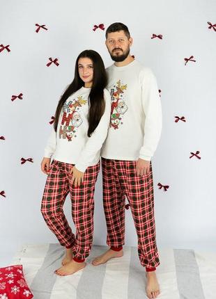 Теплая новогодняя пижама с начесом с оленями для женщин, женская пижама в клетку фемили лук, семейная пижама