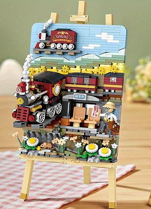 Конструктор лего, картина поезда на подставке, мольберте, паровоз, поезд, mini brick, игрушка пластик