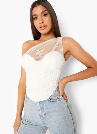 Корсетный топ с кружевом boohoo, корсет на одно плечо, топ корсет, корсетный топ на одно плечо, бархатный корсет, бархатный корсетный топ