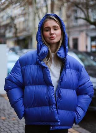 Теплый дутый зимний пуховик на экопухе с капюшоном, женский объемный пуховик на зиму с карманами, s 50