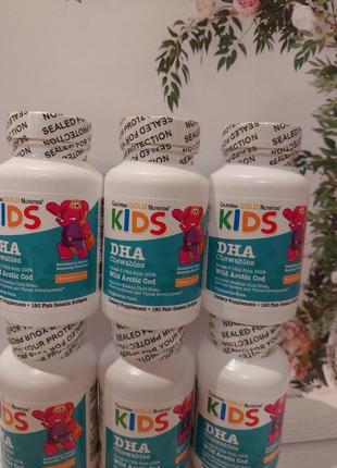 ‼️скидка!!️children's dha, детские жевательные таблетки с дгк, 100 % дикая арктическая треска, клубнично-лимонный вкус, 180 рыбных желатиновых капсул