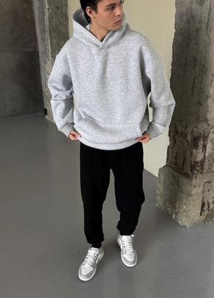 Оверсайз спортивный костюм с начесом унисекс худи серый меланж черные штаны 495197 фото