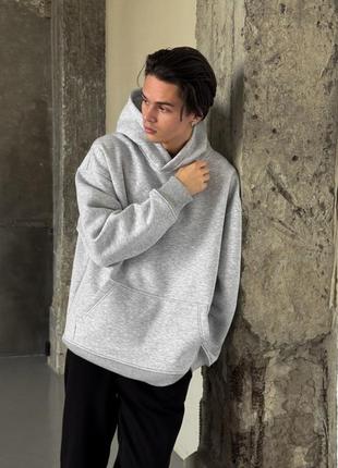 Оверсайз спортивный костюм с начесом унисекс худи серый меланж черные штаны 495196 фото