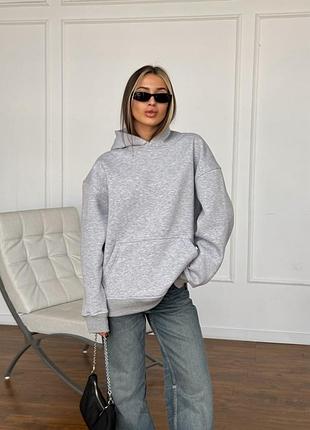 Зимний оверсайз худи унисекс серый меланжевый с начёсом тёплый rd420