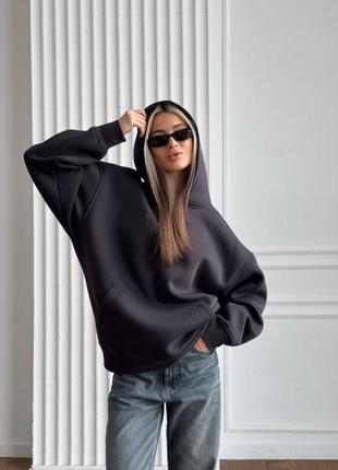 Зимний оверсайз худи унисекс серый графит с начесом теплый 49522