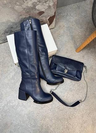 Темно сині шкіряні розкішні чоботи рептилія гладка шкіра