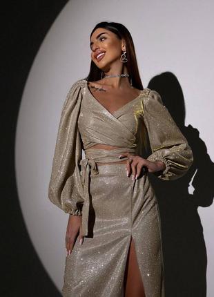 Якісний сяючий костюм зі спідницею міді та топом на зав'язках ❤️‍🔥