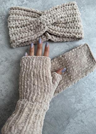 Набір плюшевий рукавички сірі молочні мітенки митенки велюровые2 фото