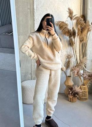 Костюм жіночий теплий оверсайз світшот на блискавці штани джогери на високій посадці якісний беж чорний