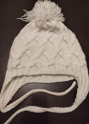 Вязаная, теплая, зимняя шапка с ушками, двойная для девочки