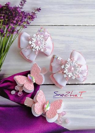 Новогодние бантики / нарядные розовые бантики / бантики с снежинками / заколочки с бабочками