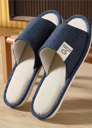 Мужские льняные тапочки с открытым носком темно-синие