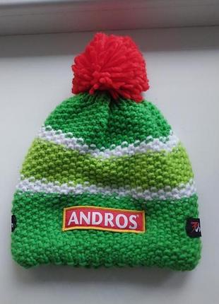 Фирменная яркая очень теплая двухслойная спортивная шапка с помпоном