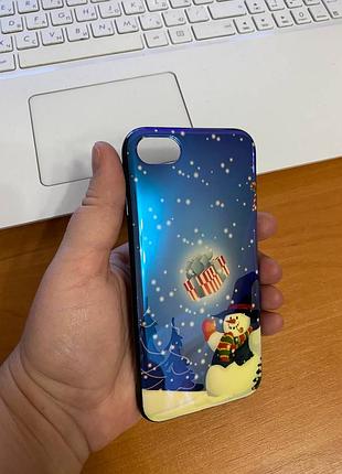 Iphone (айфон) 7/8 чехол новогодний, зимний силикон синий со снеговиком
