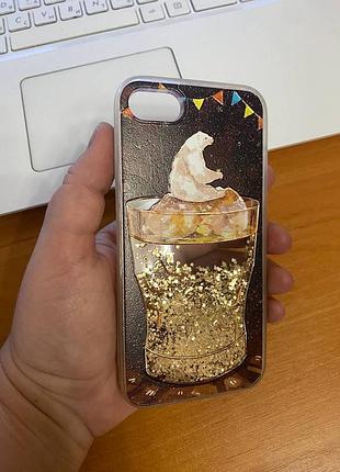 Iphone (айфон) 7/8 чехол новогодний, зимний с медведем с плавающими блестками (аквариум)