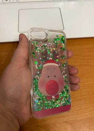 Iphone (айфон) 7/8 чехол новогодний, зимний с оленем с плавающими блестками (аквариум)
