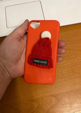 Iphone (айфон) 7/8 чехол новогодний, зимний силикон красный с шапочкой