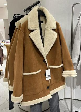 Женская короткая коричневая дубленка, дубленка, куртка, шуба zara, m-l