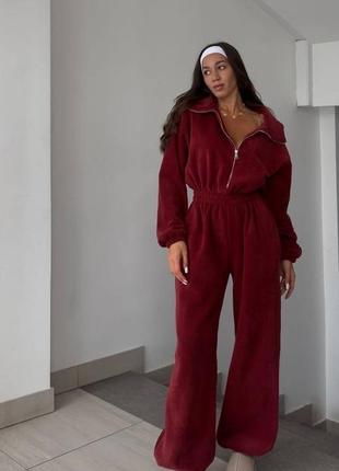 Трендовый флисовый комбинезон теплый женский брючный на молнии с воротником зимний полар