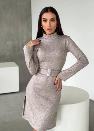 Удобное теплое платье мини с разрезами платье базовое из ангоры качественное с поясом