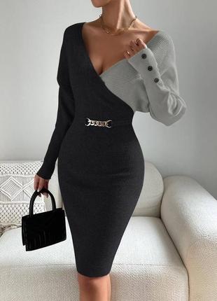 Оригинальное ангоровое комбинированное платье миди с поясом и декольте нарядное платье