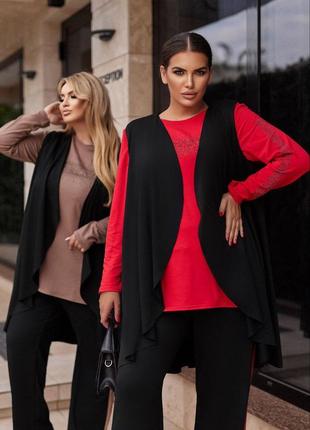 Стильный женский брючный костюм  тройка с жилеткой большого размера в расцветках рр 48-58