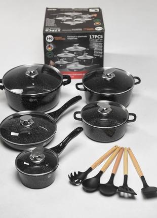 Посуда набор круглых кастрюль (17 предметов) + силиконовые принадлежности higher kitchen, набор посуды higher kitchen. набор посуды