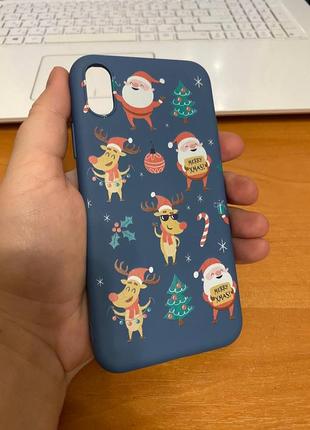 Iphone (айфон) x/xs чохол новорічний, зимовий синій силікон олені, дід мороз
