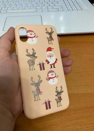 Iphone (айфон) x/xs чохол новорічний, зимовий персиковий силікон олені, дід мороз