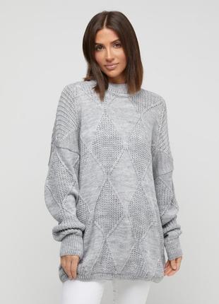 Свитер женский вязаный оверсайз, в стиле туника, шерстяной, на подарок девушке, темно - серый