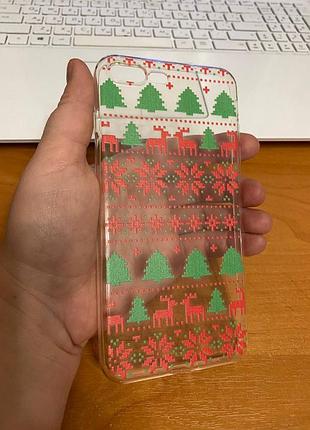 Iphone (айфон) 7 plus (7 плюс) чехол новогодний, зимний прозрачный силикон елки, олени