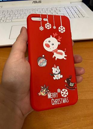 Iphone (айфон) 7 plus (7 плюс) чехол новогодний, зимний красный силикон олень