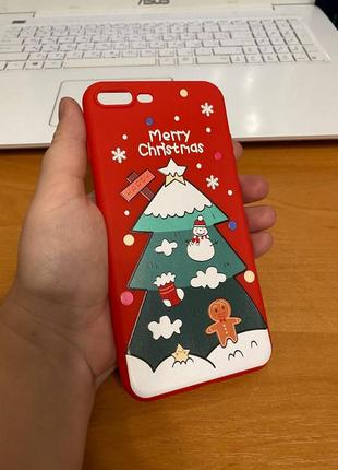 Iphone (айфон) 7 plus (7 плюс) чехол новогодний, зимний красный силикон елка