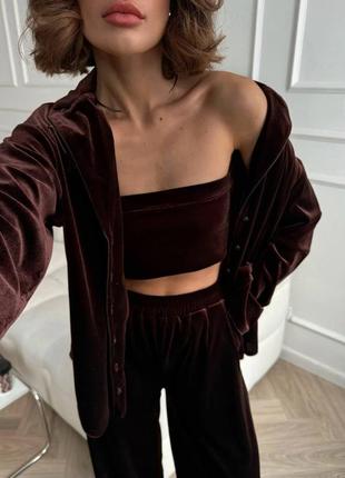 Женский домашний комплект велюровый костюм тройка брюки, топ и рубашка, пижама бархатная