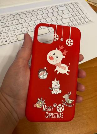 Iphone (айфон) 11 pro max (11 о макс) чехол новогодний, зимний красный силикон олень