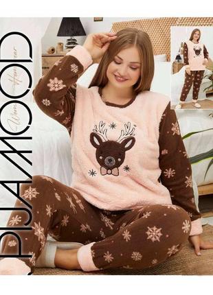 Пижама тёплая (кофта+штаны) pijamood шоколадно-лососевая с принтом олень