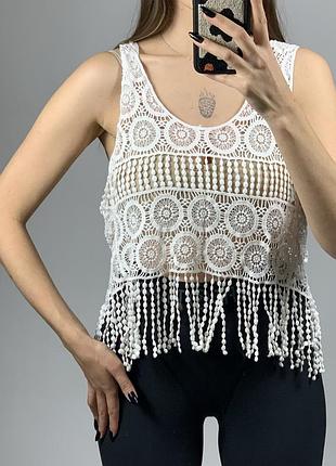 Прозорий мереживний білий топ з мережива