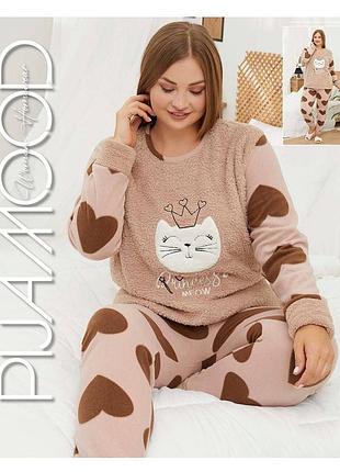 Пижама тёплая (кофта+штаны) pijamood тёмно-бежевая с принтом кошка