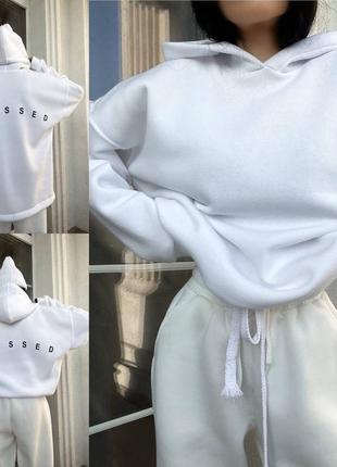 Женский теплый худи оверсайз с надписью трехнить на флисе