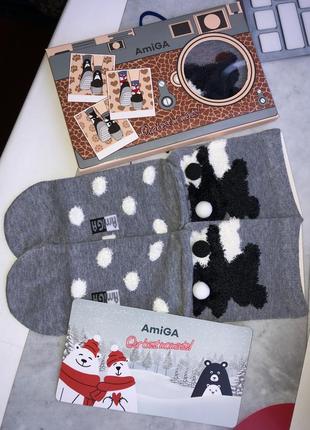 Носки с открыткой в конверте носочки amiga в подарочной коробке упаковке на подарок женские высокие с медведями мишками однотонные серые размер 36-40