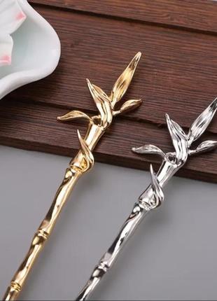 Заколка китайская палочка для волос листьев бамбука золотистая новая