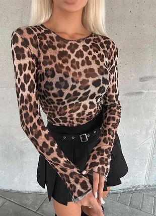 Эффектное леопардовое боди в сеточку с длинными рукавами яркое