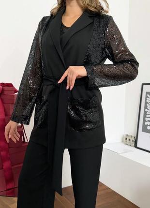 Елегантний жіночий чорний брючний костюм трійка з паєтками розмір від 42 до 56
